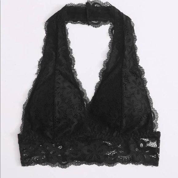 BLACK FLORAL LACE HALTER BRALETTE - Picture 3 of 7